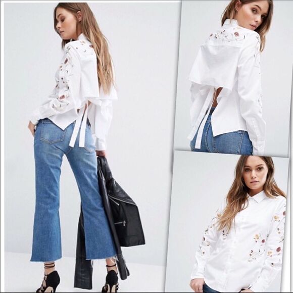 EMBROIDERED Tie Back Shirt in Light Blue - Picture 3 of 4